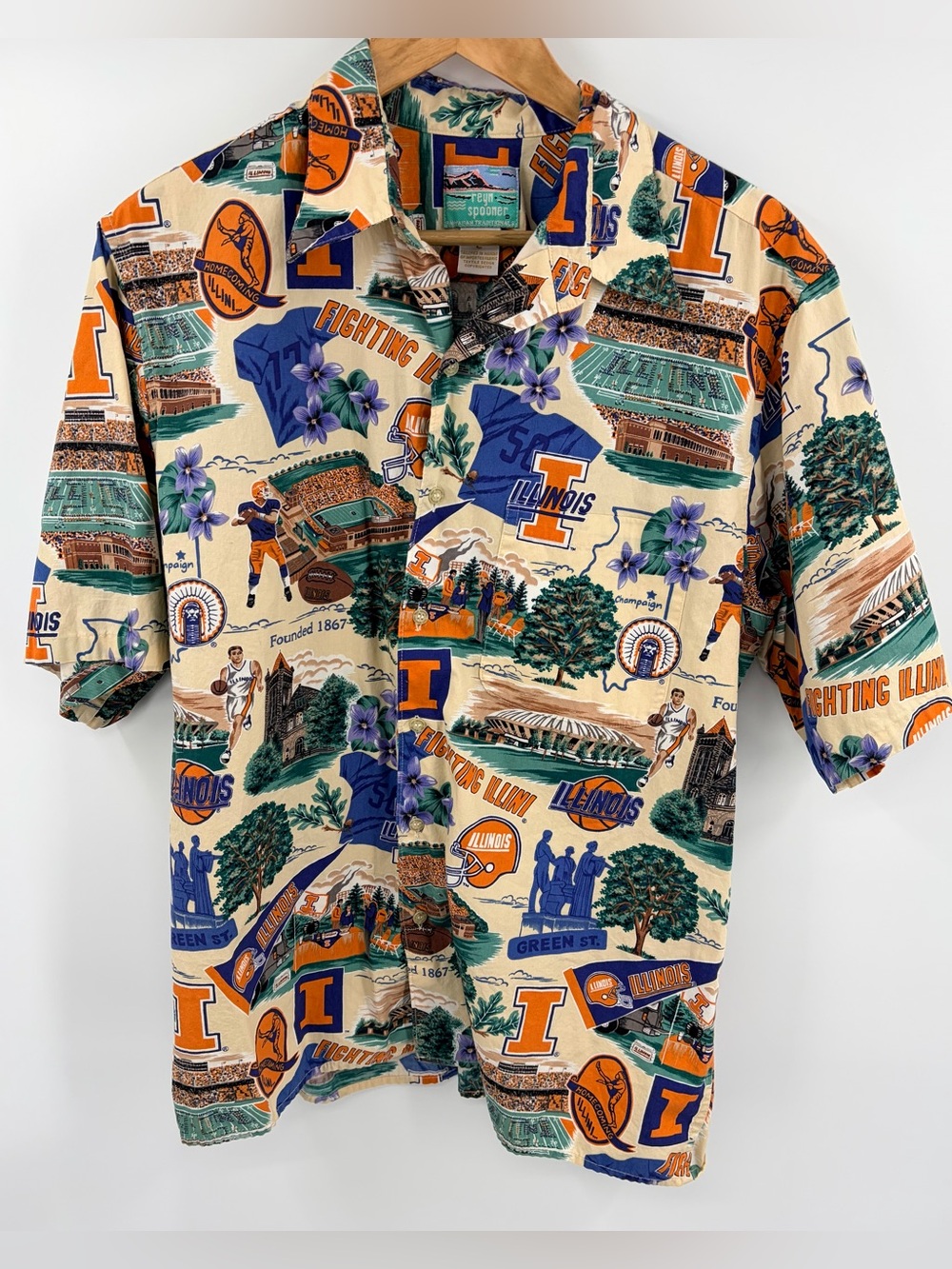 Reyn Spooner University of Illinois fighting Illini scenic Hawaiian shirt men L